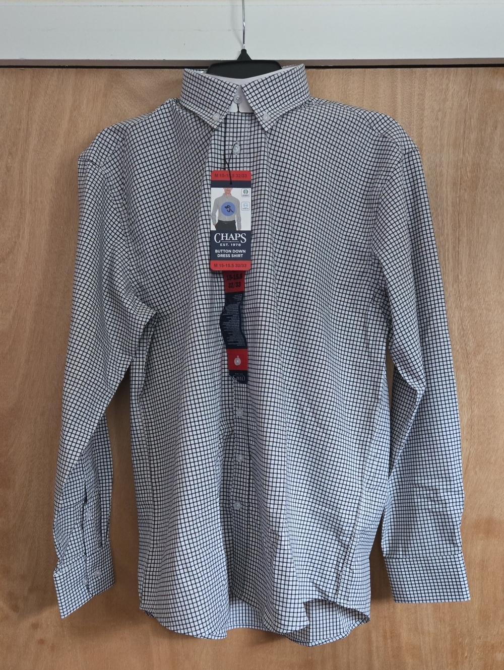 Chaps Men’s White and Black Grid Button-Down Dress Shirt